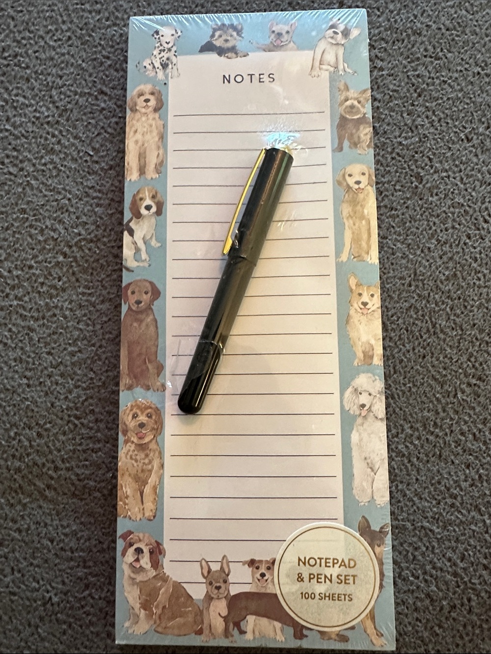 Dog Illustration Notepad & Pen Set - Blue Border